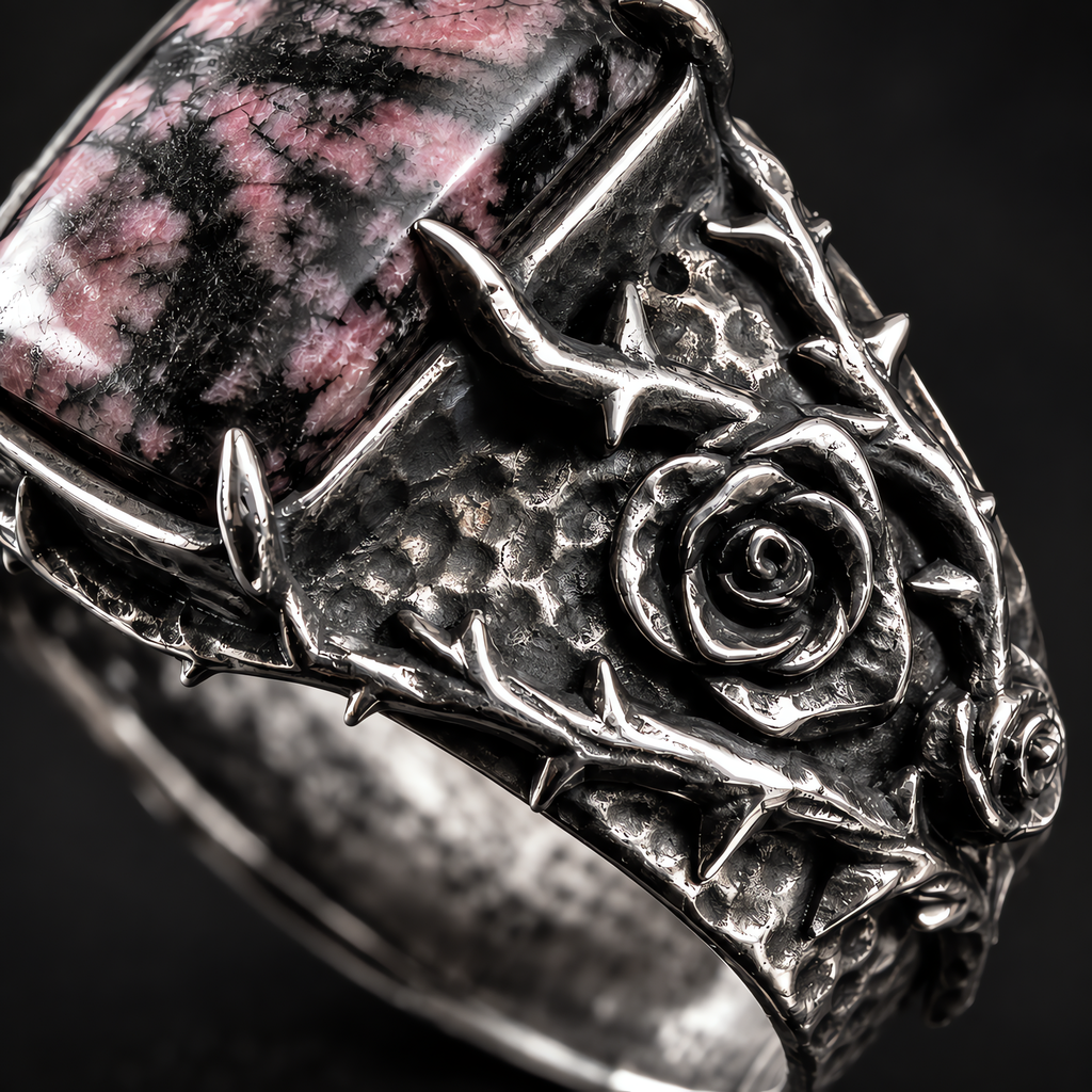 QINEANLA™ Thorn & Rose — Rhodonite Gothic Ring