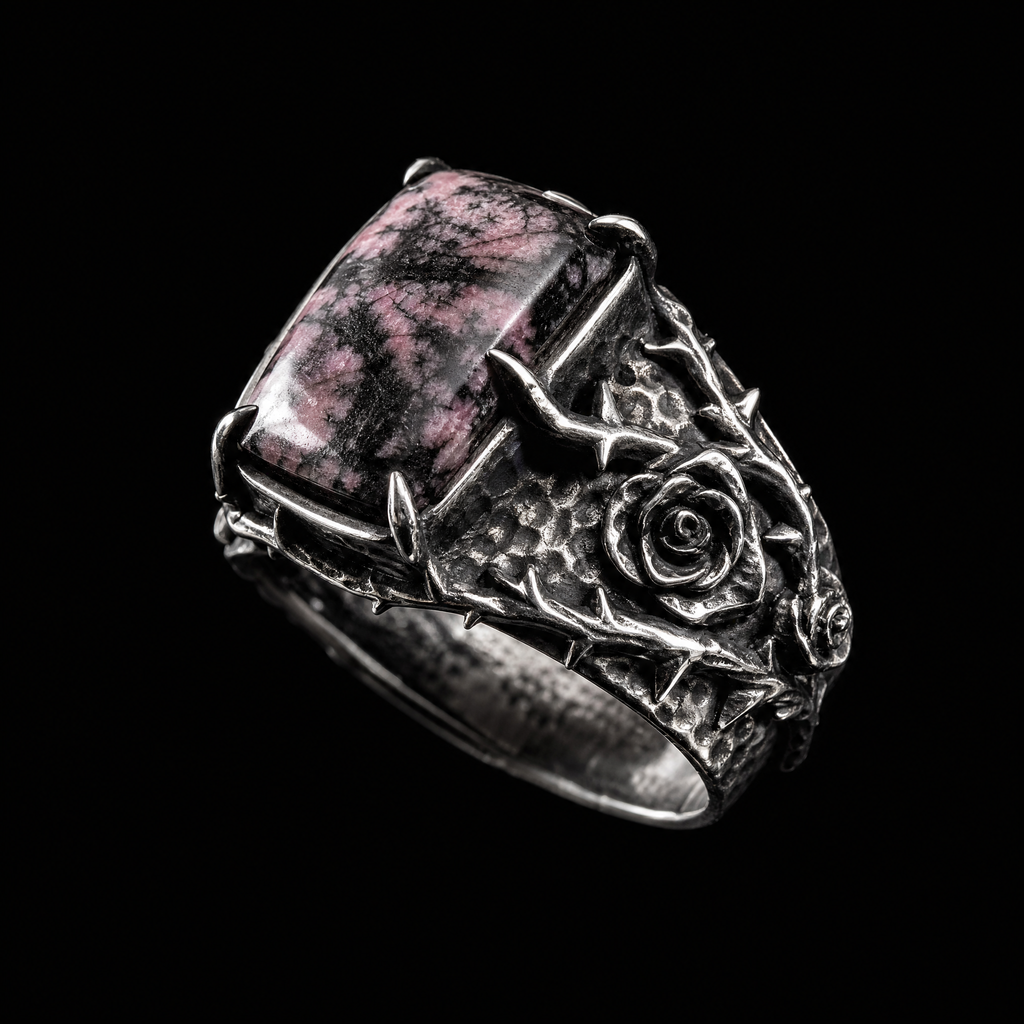 QINEANLA™ Thorn & Rose — Rhodonite Gothic Ring