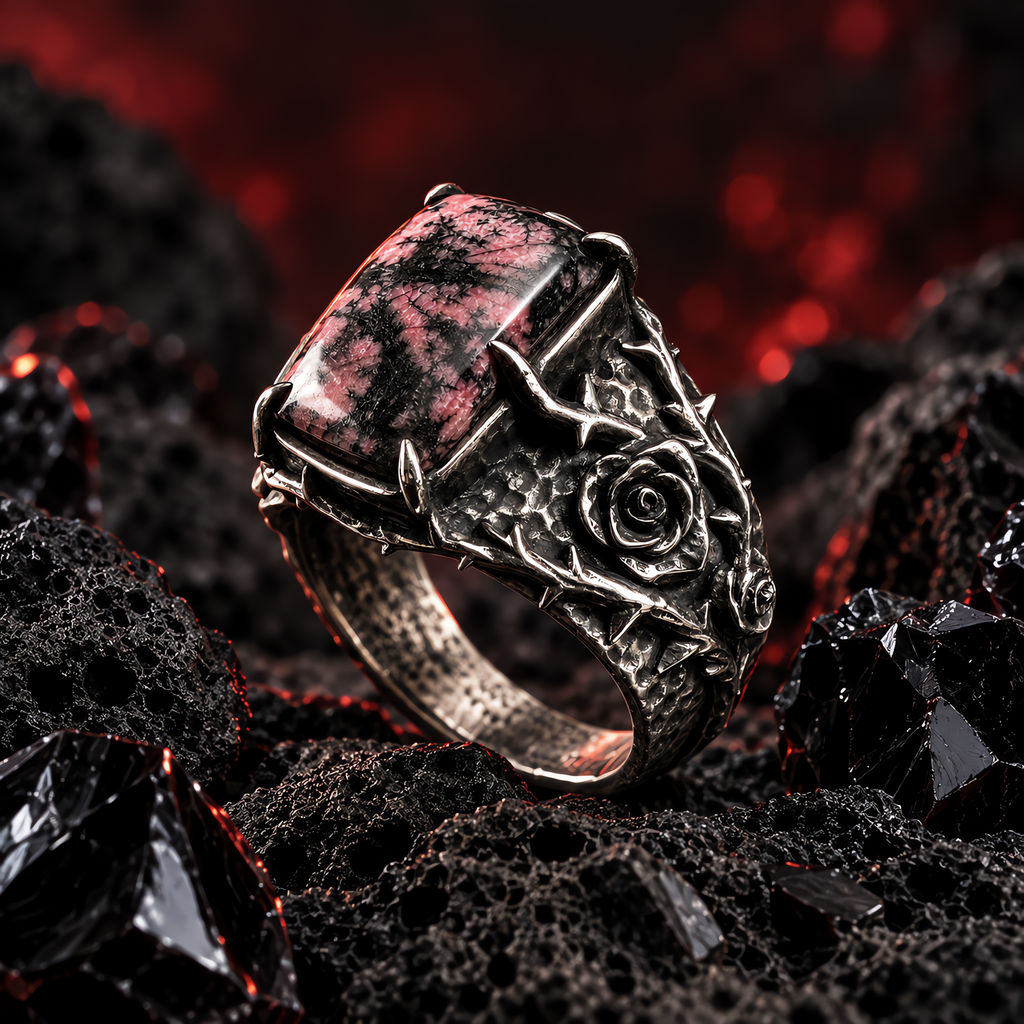 QINEANLA™ Thorn & Rose — Rhodonite Gothic Ring
