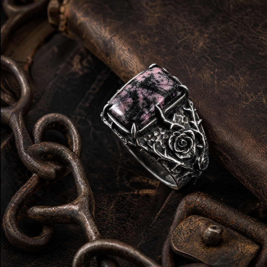 QINEANLA™ Thorn & Rose — Rhodonite Gothic Ring