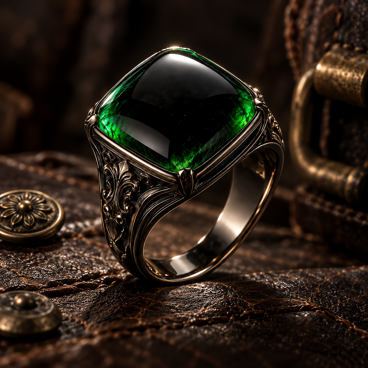 QINEANLA™ Emerald Realm — Green Cabochon Baroque Ring