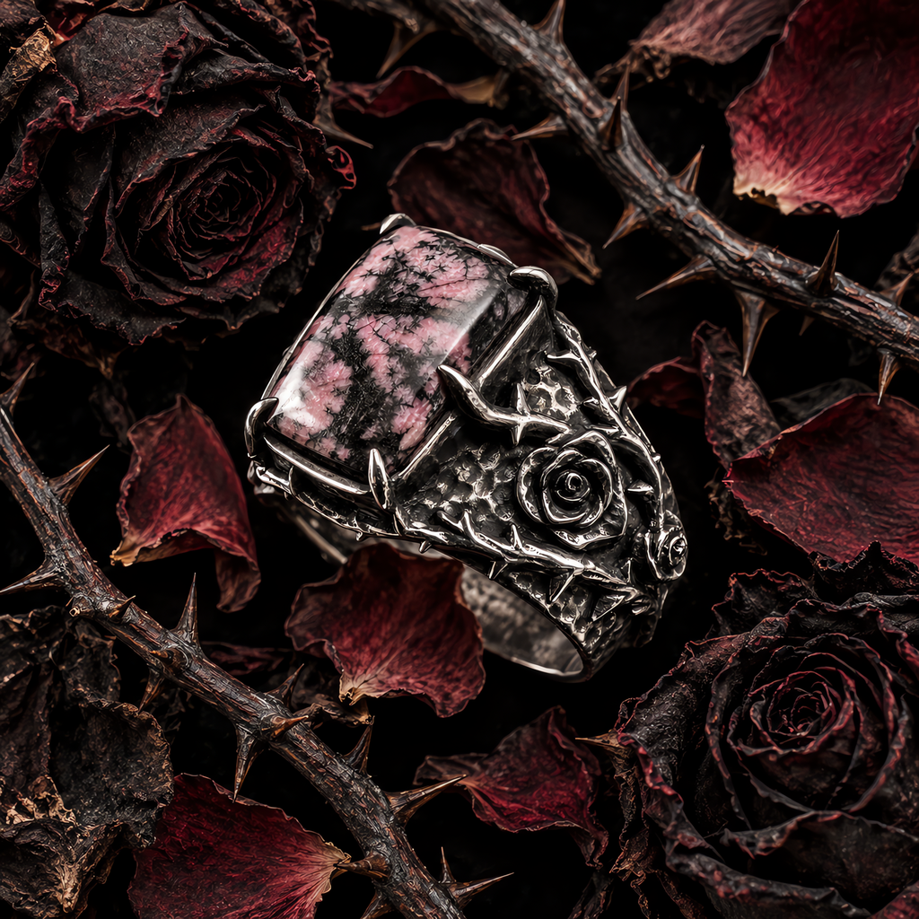 QINEANLA™ Thorn & Rose — Rhodonite Gothic Ring
